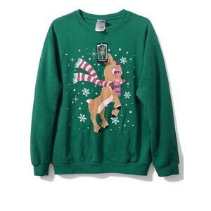 womens large Christmas sweater emerald green fleece cotton Rudolph